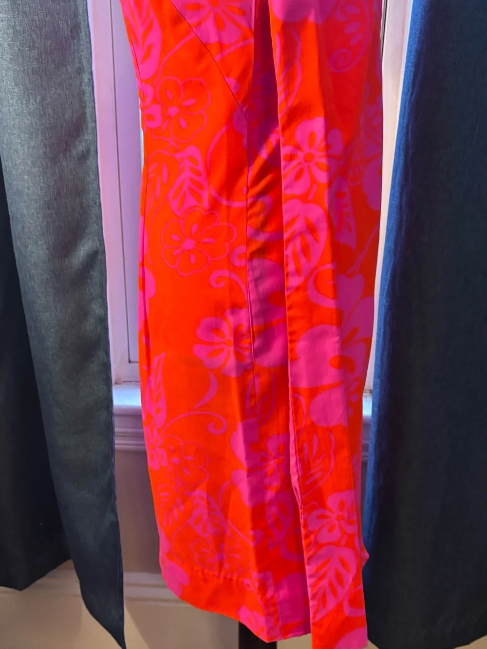 Vintage Vibrant Pink and Orange Floral Midi Dress w/Tie-Shoulder Detail -Size 8